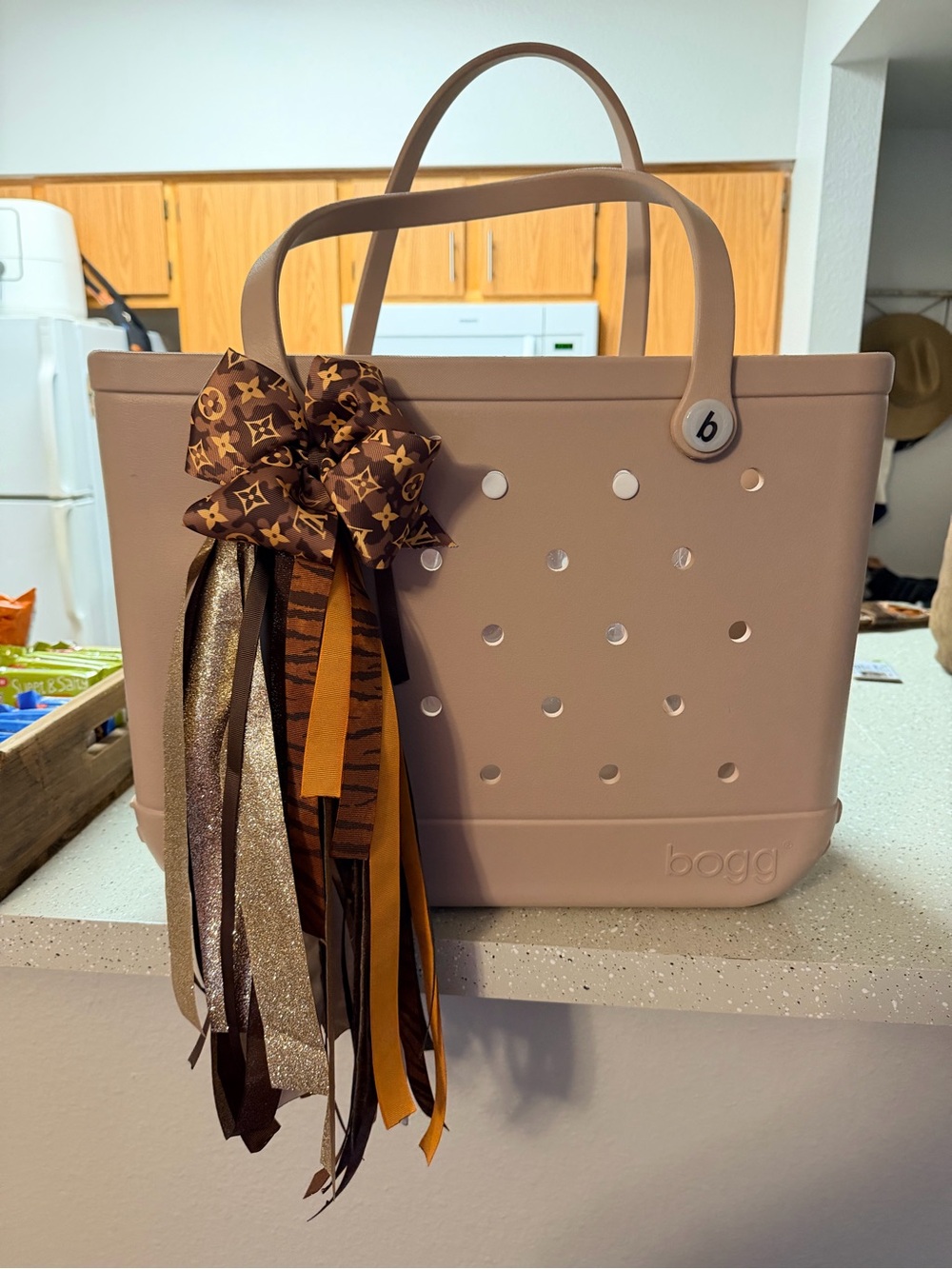 BOGG BAG Dusty Pink Tote with Brown & Gold Ribbon Bow